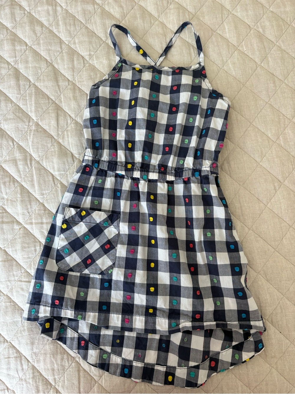 Hanna Andersson Black and White Gingham Dress with Multicolor Dot Embroidery